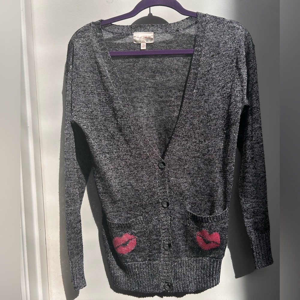 Marilyn Monroe cardigan sweater silver with pink lips on pockets sz S